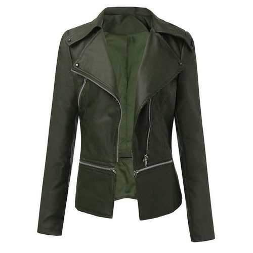 Women's Long Sleeve Artificial Leather Zipper Jacket Outwear