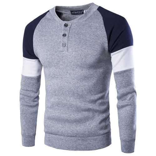 Mens Fashion Casual British Style Sweater Spell Color Stitching Button Raglan Sleeve T-shirt