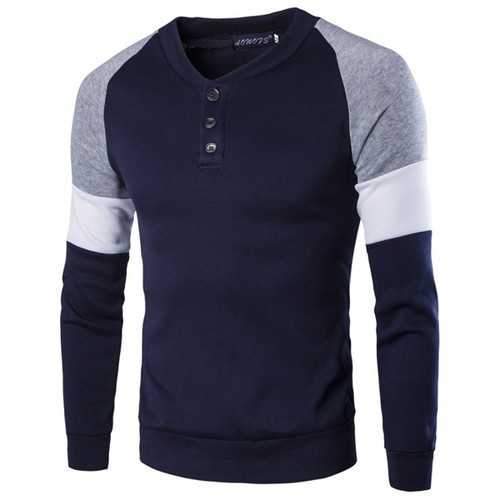 Mens Fashion Casual British Style Sweater Spell Color Stitching Button Raglan Sleeve T-shirt