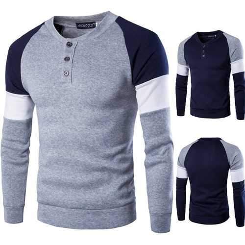 Mens Fashion Casual British Style Sweater Spell Color Stitching Button Raglan Sleeve T-shirt