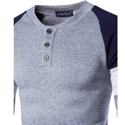 Mens Fashion Casual British Style Sweater Spell Color Stitching Button Raglan Sleeve T-shirt