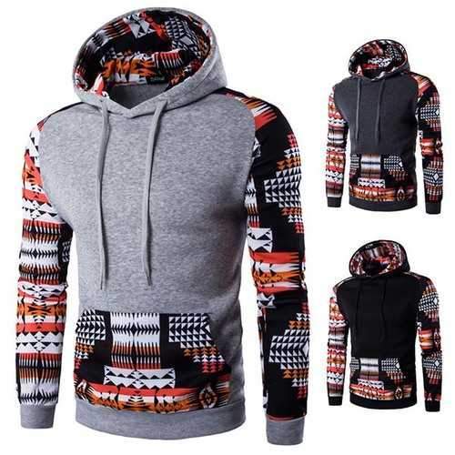 Mens Raglan Sleeve Printing Folk Style Sweatshirt Fashion Casual Retro Stitching Hoodies