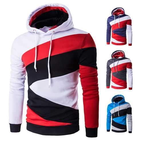 Mens Casual Fleece Spell Color Pullover Hoodies Long Sleeve Hooded Sweatshirt