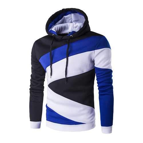 Mens Casual Fleece Spell Color Pullover Hoodies Long Sleeve Hooded Sweatshirt