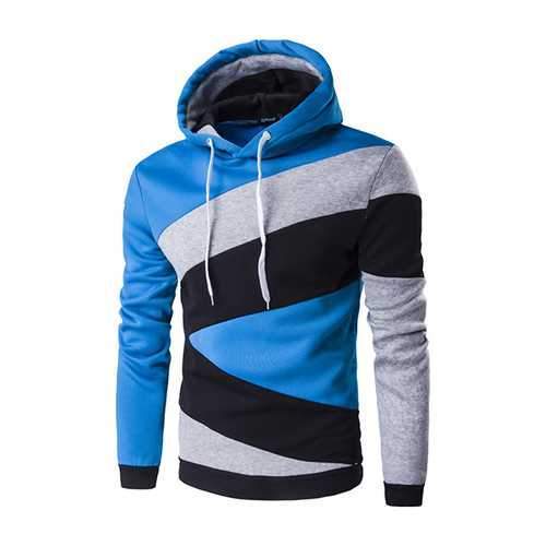 Mens Casual Fleece Spell Color Pullover Hoodies Long Sleeve Hooded Sweatshirt