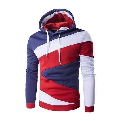 Mens Casual Fleece Spell Color Pullover Hoodies Long Sleeve Hooded Sweatshirt