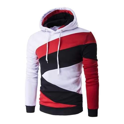 Mens Casual Fleece Spell Color Pullover Hoodies Long Sleeve Hooded Sweatshirt