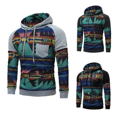 Personality Retro Stitching Hoodie Mens Casual Raglan Sleeve Hoodie Pullover