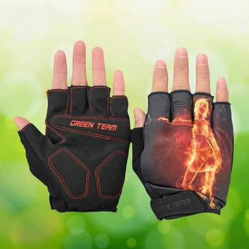 GREEN TEAM MTB Mountain Motocross Cycling Glove Bike Bicycle Sports Antiskid Fire Print Half Finger Gloves