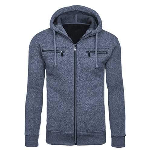 Mens Winter Thick Fleece Hoodies Casual Zipper Solid Color Slim Fit Sweatshirt