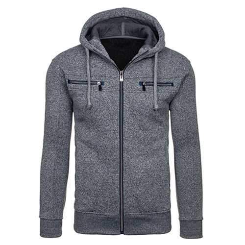 Mens Winter Thick Fleece Hoodies Casual Zipper Solid Color Slim Fit Sweatshirt