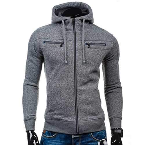 Mens Winter Thick Fleece Hoodies Casual Zipper Solid Color Slim Fit Sweatshirt