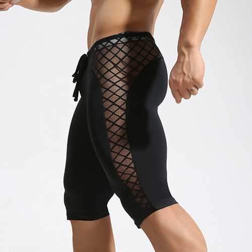 Sexy Transparent Mesh Grid Sports Fitness Shorts Men's Tights Fast Dry Fit Gym Beach Trunks