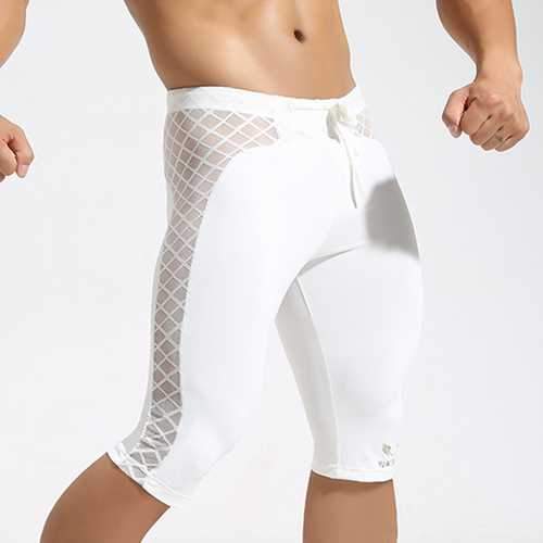 Sexy Transparent Mesh Grid Sports Fitness Shorts Men's Tights Fast Dry Fit Gym Beach Trunks