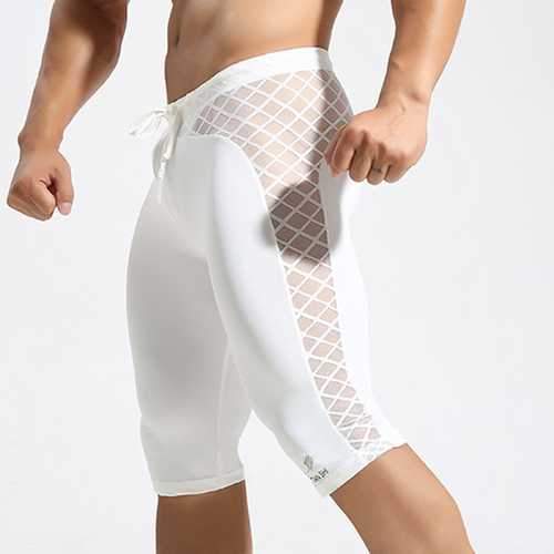 Sexy Transparent Mesh Grid Sports Fitness Shorts Men's Tights Fast Dry Fit Gym Beach Trunks