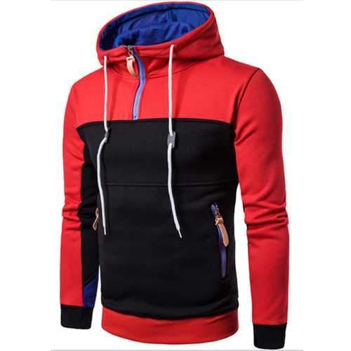 Men's Casual Hit Color Hooded Sweater Fashion Half Zip Hoodie Sweatshirt