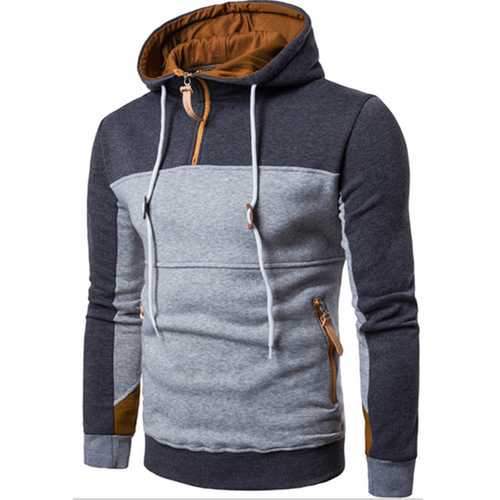 Men's Casual Hit Color Hooded Sweater Fashion Half Zip Hoodie Sweatshirt