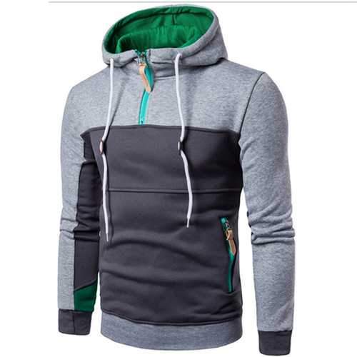 Men's Casual Hit Color Hooded Sweater Fashion Half Zip Hoodie Sweatshirt