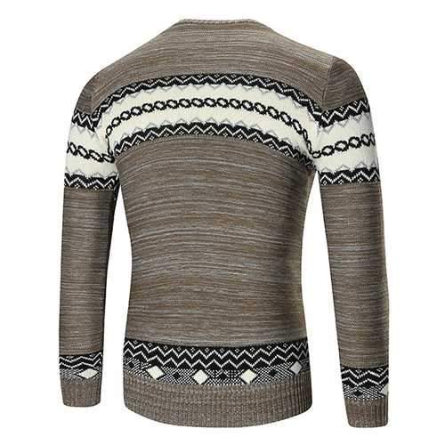 Autumn Winter Men's Fashion Stitching Color Sweater Casual Knitted Printed Round Neck Sweater