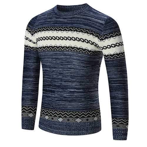 Autumn Winter Men's Fashion Stitching Color Sweater Casual Knitted Printed Round Neck Sweater