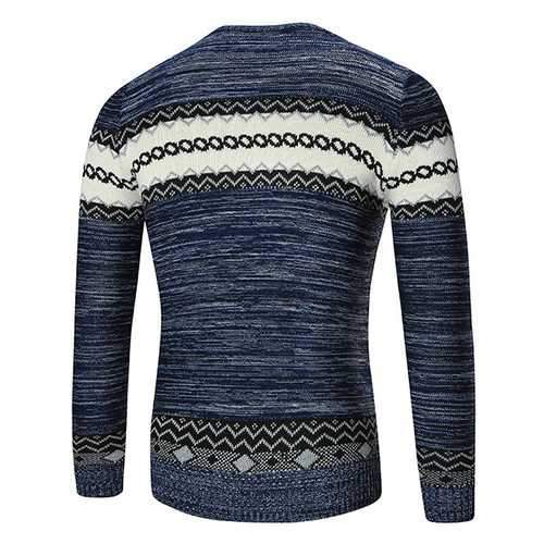 Autumn Winter Men's Fashion Stitching Color Sweater Casual Knitted Printed Round Neck Sweater