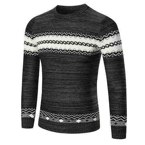 Autumn Winter Men's Fashion Stitching Color Sweater Casual Knitted Printed Round Neck Sweater