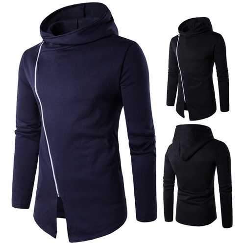 Men's Fashion Decorative Design Dblique Zipper Hoodies Solid Color Casual Sport Hoodies