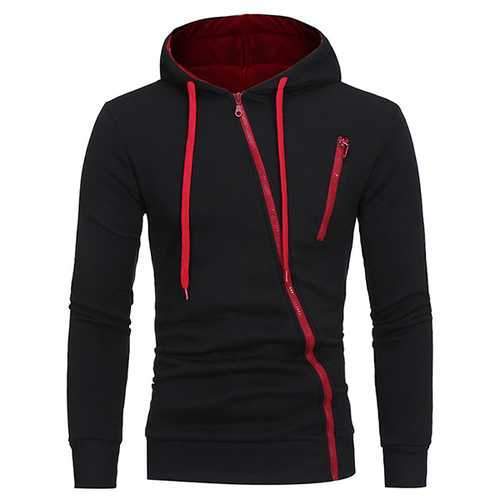 Men's Diagonal Zipper Hoodies Drawstring Casual Sweatshirt