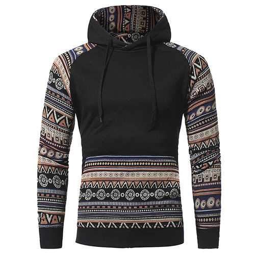 National Style Vintage Hoodies Fashion Men's Front Big Pocket Stitching Leisure Hoodies