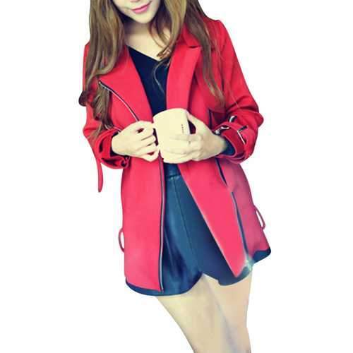 Women Lapel Zipper Bandages Pockets Long Sleeve Motorcycle Jacket