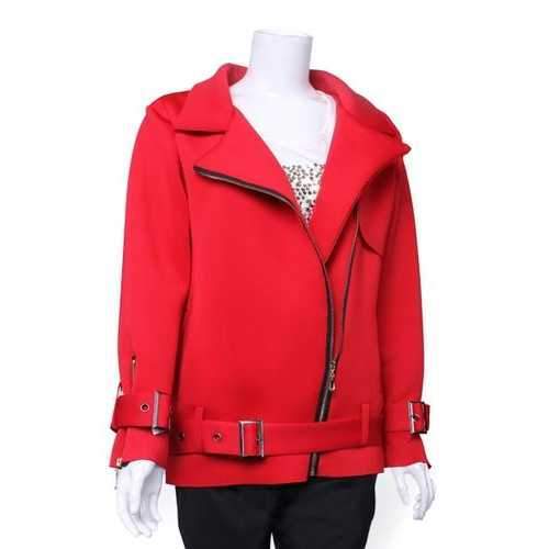 Women Lapel Zipper Bandages Pockets Long Sleeve Motorcycle Jacket